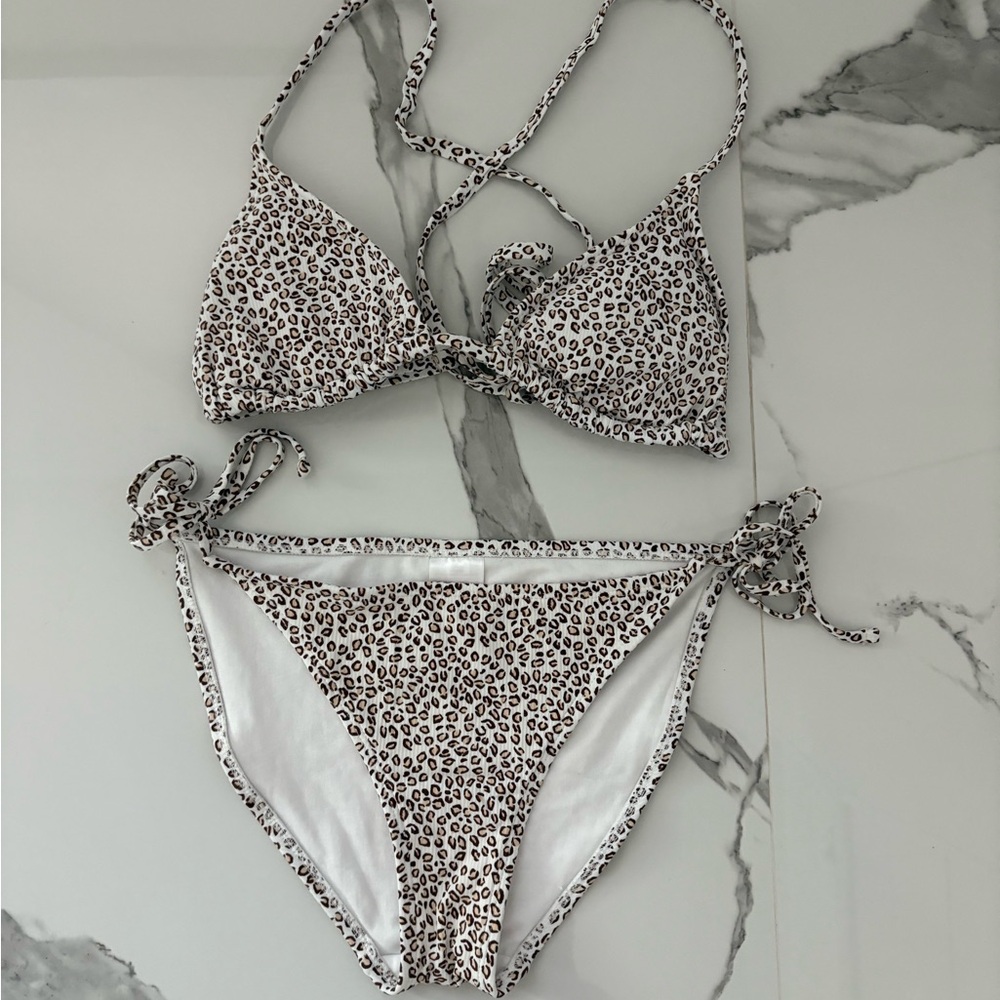 Leopard Print Tie-Side Bikini Set - White & Brown